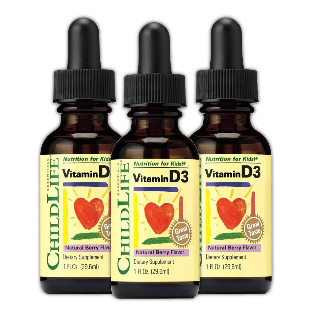 D3- dråber til børn, børn og tandlæger - Flydende D-vitamindråber, 500 IE pr. dråbe, immun- og bensygestøtte, naturlig berry - 1 Fl Oz (pakke med 3)