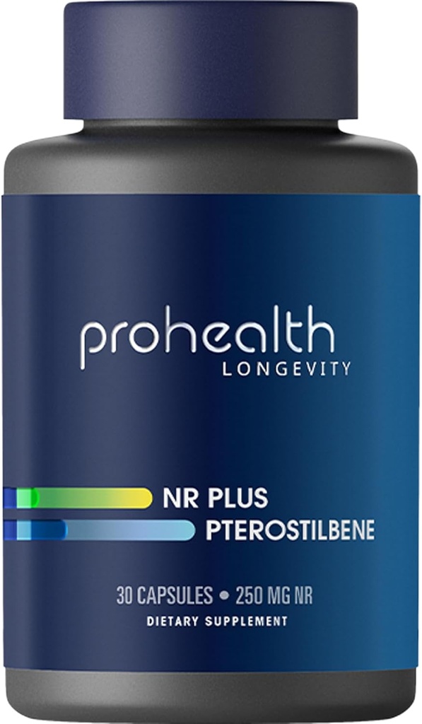ProHealth NR + Pterostilben. Fremmer lang levetid, energi og sund aldring. Beskytter hjerte + hjerne sundhed. Understøtter cellulær reparation. 250 mg Niagen Nicotinamid Riboside + 40mg Pterostilben, 30 Caps