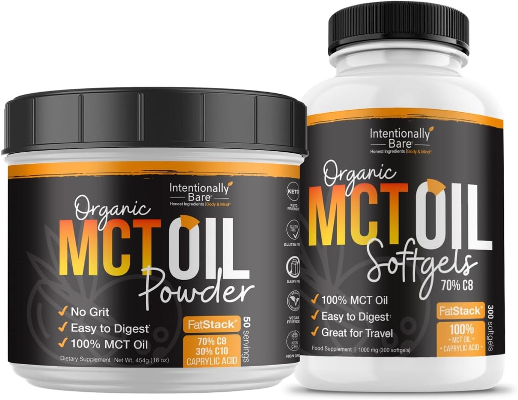 Intentionally Bare MCT Oil Powder (50 Servere) og MCT Oil Capsules Bundle