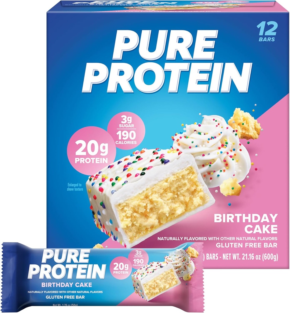 Pure Protein Bars, High Protein, Nutrious Snacks til støtte energi, Lavsukker, Gluten Free, Fødselsdagskage, 1.76 oz, Pack of 12 (Packaging May Vary)