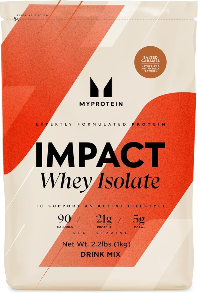 Myprotein Impact Whey Protein Isolate, 2.2 Lbs (40 Servere) Saltet Caramel, 21g Protein & 6g BCAA Per Servering, Gluten- Free Shake for Muscle Strength & Recovery