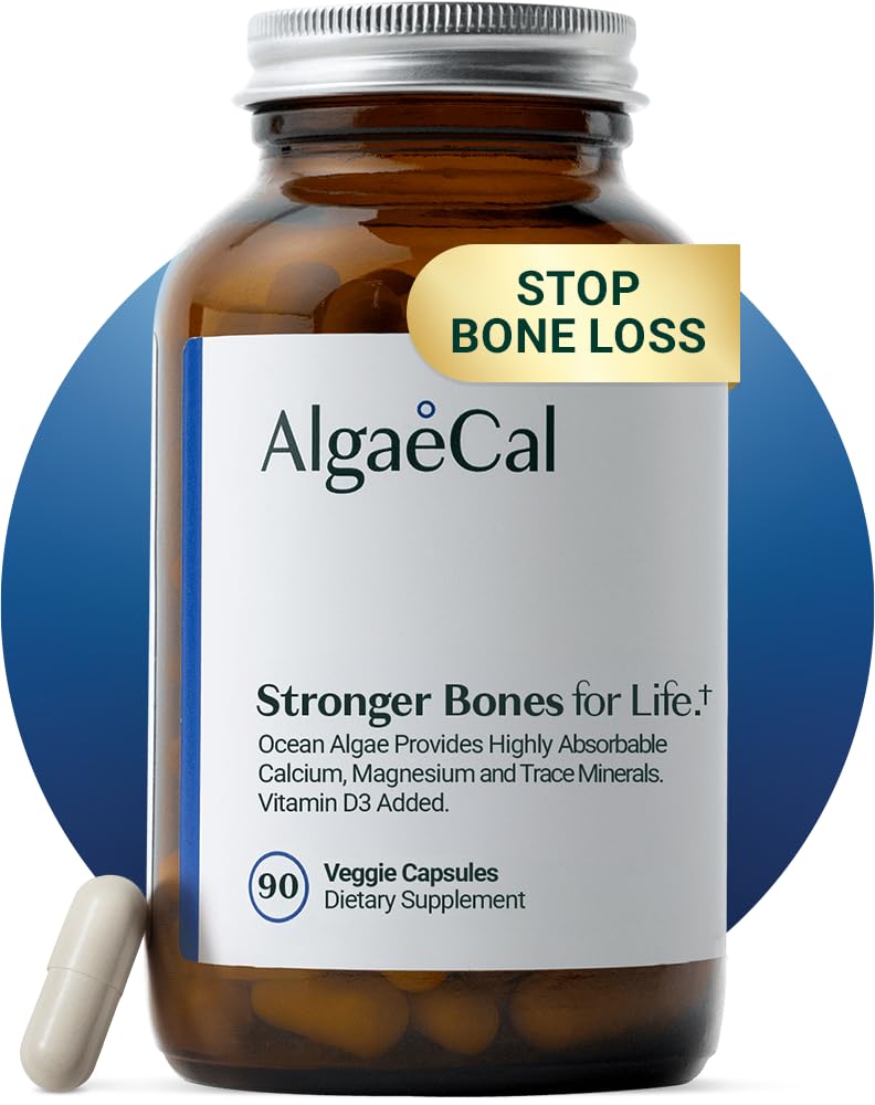 ALGAECAL- Plant Based Calcium Supplement med D3- vitamin (1000 IE) for benstyrke, Indeholder 13 mineral Support Bone Health, Organic Calcium (750 mg) for kvinder & mænd, 90 Veggie Caps, Made in USA