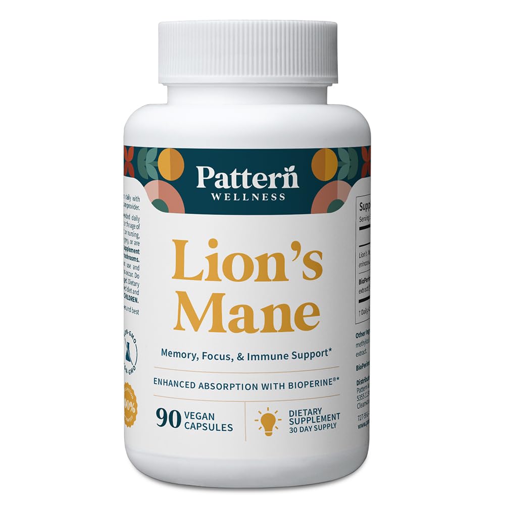Mønster Wellness Lions Mane Mushroom - Supplement kapsler til kognitiv & Focus support - Forbedret absorption - 90 Veganske kapsler