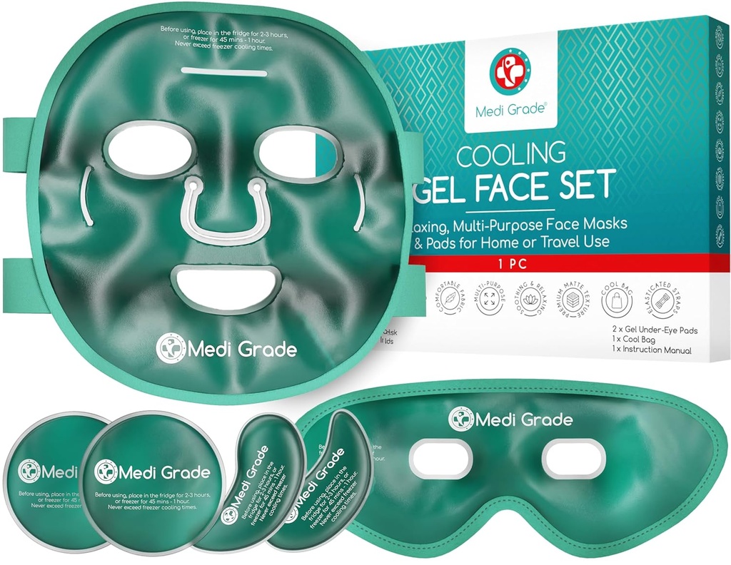 Medi Grade Cooling Ice Face Mask og Cooling Eye Mask til Puffy Eyes & Migraine Relief - Selvomsorgsfuld ansigt Ice Pack med ChillGel Face Ice Mask Technology - Cooling Face Mask, Eye Pads og taske