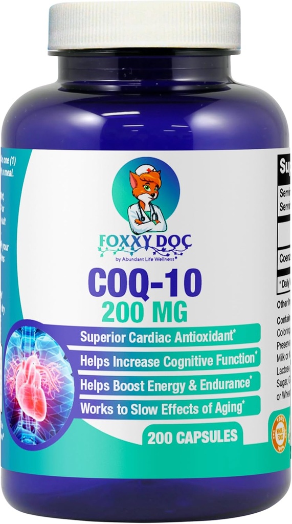 CoQ10 - Co- Enzyme Q10- 200 mg - Høj Absorption - 400 mg pr. 2 caps - Non-GMO - Gluten Free - 200 Veg. Caps - Heart & Cellular Support - Made in USA by Foxxy Doc