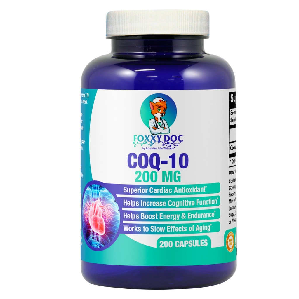 CoQ10 - Co- Enzyme Q10- 200 mg - Høj Absorption - 400 mg pr. 2 caps - Non-GMO - Gluten Free - 200 Veg. Caps - Heart & Cellular Support - Made in USA by Foxxy Doc