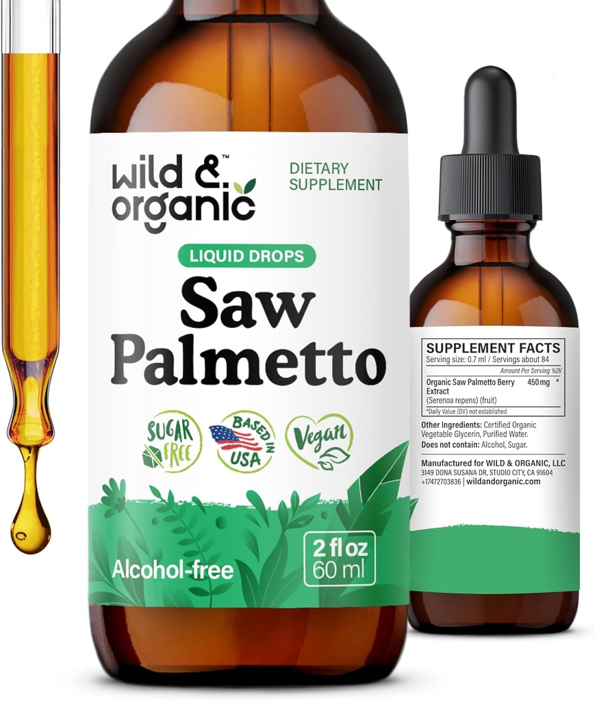 Wild & Organic Saw Palmetto Extract Drops - Urinary Support - Saw Palmetto til mænd og kvinder - Flydende Serenoa Repens Berries Supplement - Vegan, Sukker & Alkohol- Free - 2 fl oz