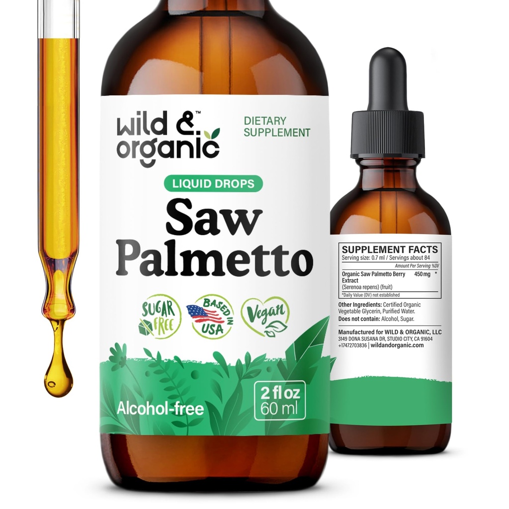 Wild & Organic Saw Palmetto Extract Drops - Urinary Support - Saw Palmetto til mænd og kvinder - Flydende Serenoa Repens Berries Supplement - Vegan, Sukker & Alkohol- Free - 2 fl oz