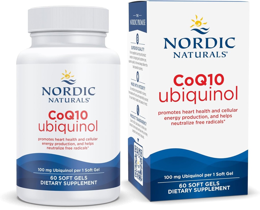 Nordic Naturals Nordic CoQ10 Ubiquinol - 60 Mini Soft Gels - 100 mg Coenzym Q10 (CoQ10) Ubiquinol - Heart & Brain Health, Cellular Energy Production, Antioxidant Support - Non- GMO - 60 Servering