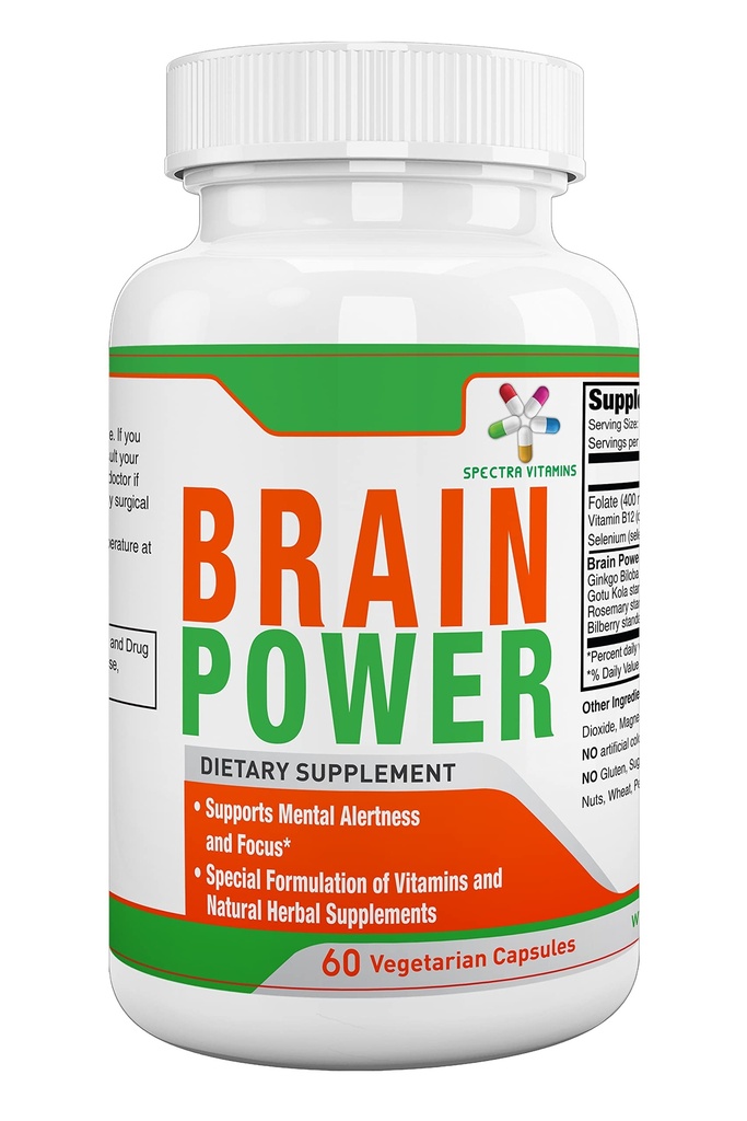 Spectra Vitaminer Brain Power, understøtter fokus, Nootropics, Forbedrer hukommelse, Alerness for mænd & kvinder, Ginkgo Biloba, Gotu Kola, 60 kapsler,