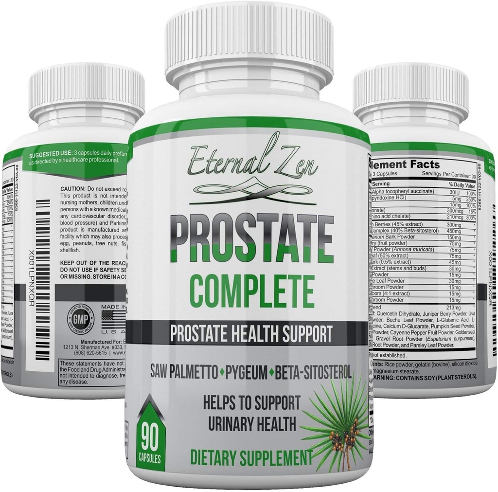 Prostata Complete Herbal Health Support Kosttilskud til mænd, Saw Palmetto Stinging Nettle Pygeum Beta- sitosterol Reishi Shiitake, 90 Count Capsule