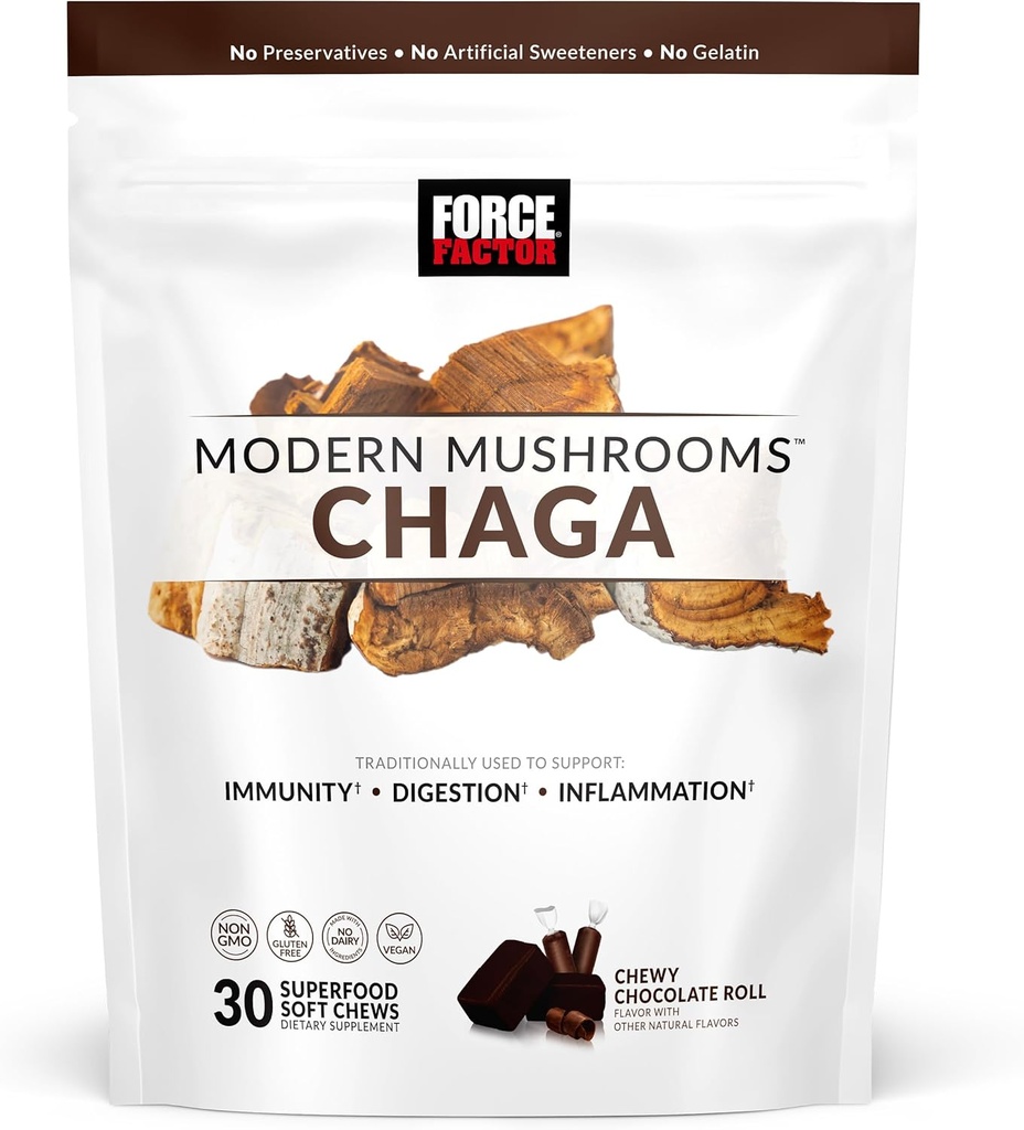 FORCE FACTOR Moderne svampe bløde tygge, Chaga svampe supplement til støtte Immunitet, fordøjelse, & Gut sundhed, antioxidanter supplement, lækker Chewy chokolade Roll Flavor, 30 Soft Chews