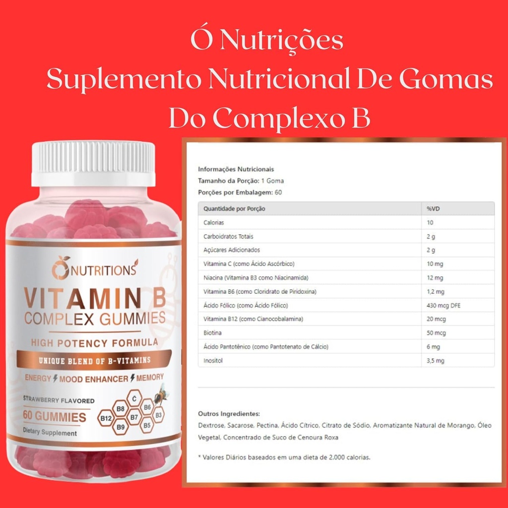 O NUTRITIONS B-vitamin Complex Vegan Gummies med vitamin B12, B7 som biotin, B6, B3 som Niacin, B5, B6, B8, B9 som folat for stress, energi og sund immunforsvar (2 Pack)