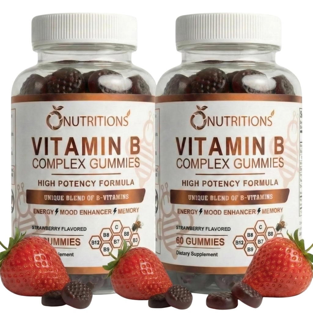 O NUTRITIONS B-vitamin Complex Vegan Gummies med vitamin B12, B7 som biotin, B6, B3 som Niacin, B5, B6, B8, B9 som folat for stress, energi og sund immunforsvar (2 Pack)