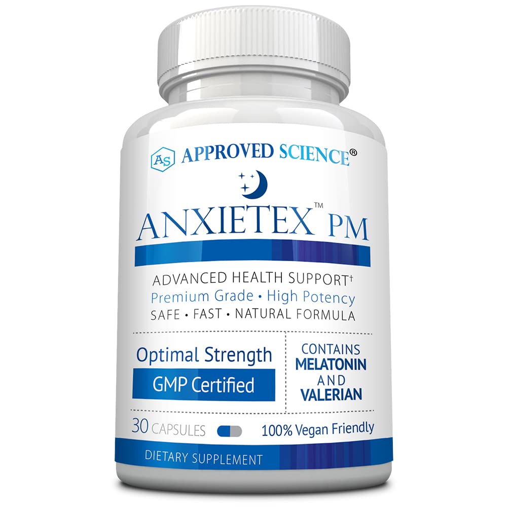 Godkendte Science Anxietex Night - Let bekymring og utilfredshed, Sov godt - Valerian, Passion Flower, Kamille - 30 Kapsler - Vegansk supplement - Made in USA