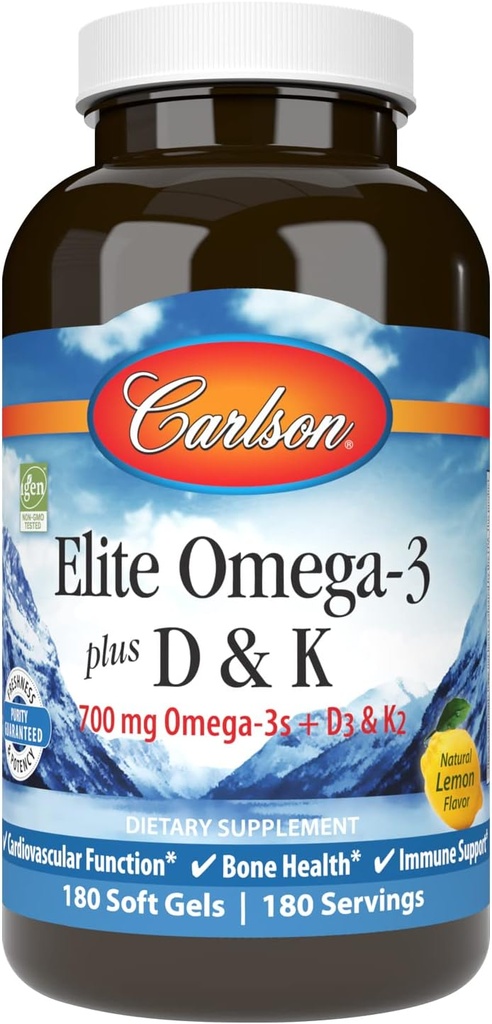 Carlson - Elite Omega-3 Plus D & K, 700 mg Omega- 3s + D3 & K2, Funktion, Bone Health & Immunsupport, Lemon, 180 Softgels