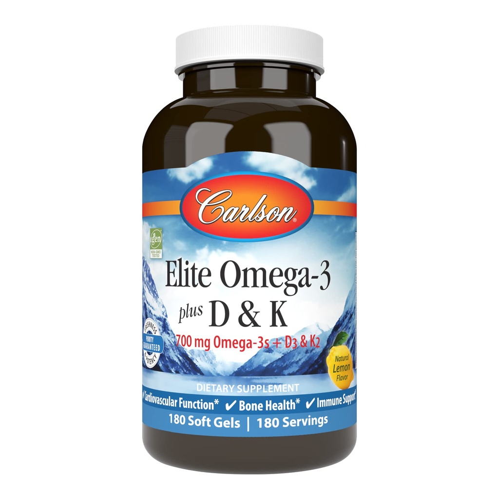 Carlson - Elite Omega-3 Plus D & K, 700 mg Omega- 3s + D3 & K2, Funktion, Bone Health & Immunsupport, Lemon, 180 Softgels