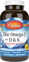 Carlson - Elite Omega-3 Plus D & K, 700 mg Omega- 3s + D3 & K2, Funktion, Bone Health & Immunsupport, Lemon, 180 Softgels