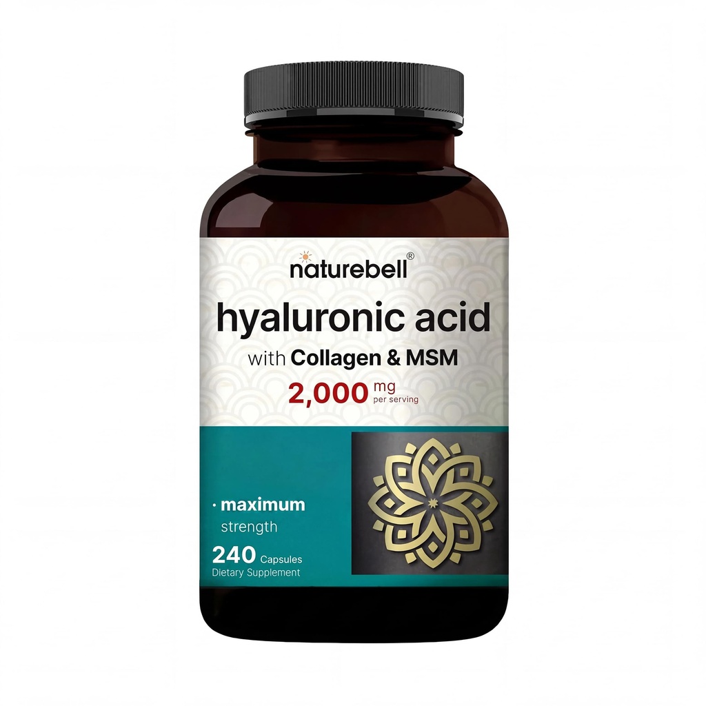 NatureBell Hyaluronsyre Kosttilskud 2000 mg • 124; 240 Kapsler, med MSM & Hydrolyzed Bovin Collagen - 3 i 1 Støtte til hudhygiejne, fælles smøring, hår, og øje sundhed