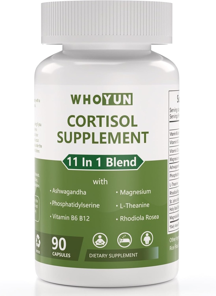 Cortisol supplement til kvinder, 11 i 1 Lavere Cortisol Blend med Ashwagandha, Phosphatidylserin, Magnesium, L- Theanin, Vegan, 90 Kapsler