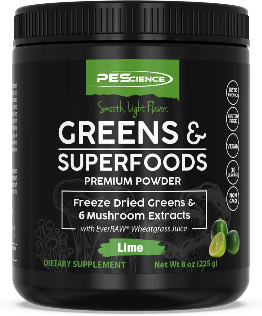 PEScience Green Powder Superfood med Natural Chlorophyll, Reishi & Tyrkiet Tail Mushroom Powders, Freeze- Tørret Kale, Spinat, Broccoli spirer, Lime Flavor, 30 Serveringer