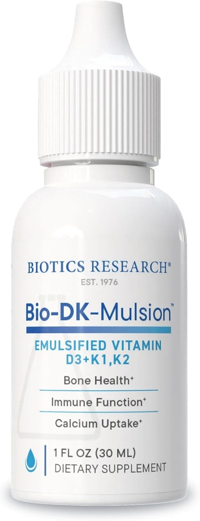 Biotics Research Bio- DK- Mulsion ™ -emulgeret flydende D-vitamin og K, D3 Drops 125 mcg & vitamin K (K1, K2) 300 mcg MK- 7- Understøtter stærkere knogler, bevægeapparatet Styrke, sundt hjerte & BMI 1 fl oz