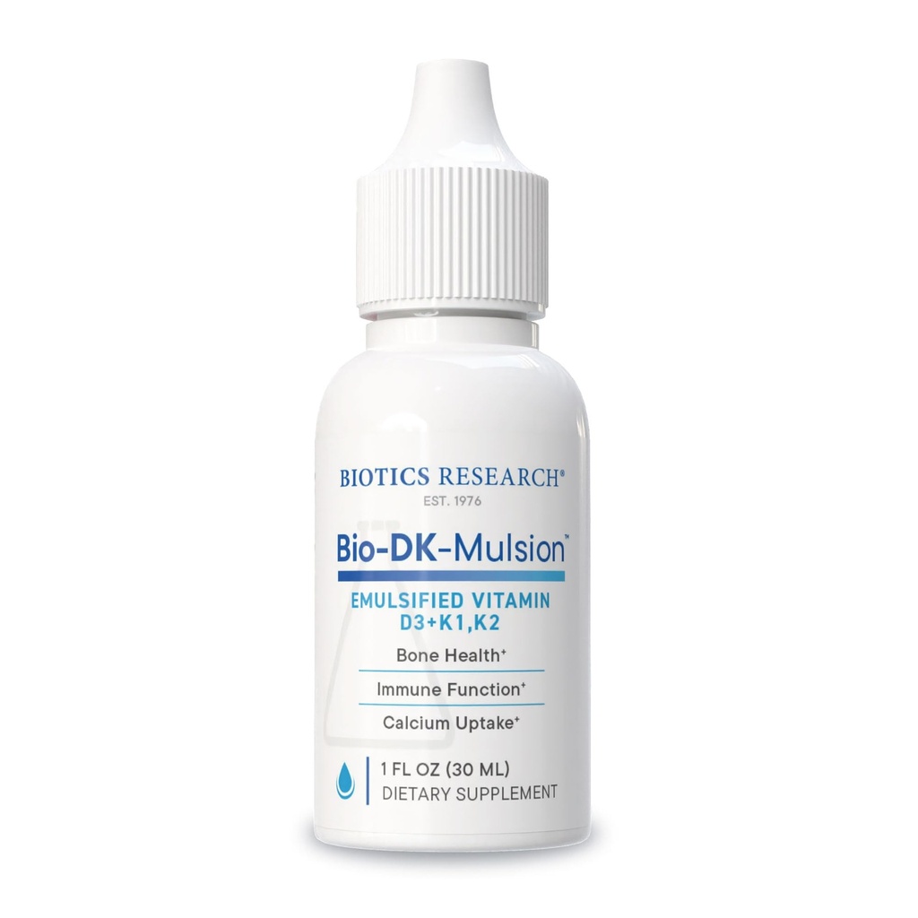 Biotics Research Bio- DK- Mulsion ™ -emulgeret flydende D-vitamin og K, D3 Drops 125 mcg & vitamin K (K1, K2) 300 mcg MK- 7- Understøtter stærkere knogler, bevægeapparatet Styrke, sundt hjerte & BMI 1 fl oz