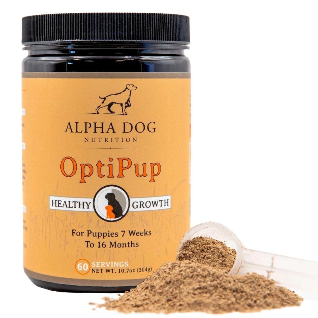 Alfa hundeernæring OptiPup All- in-1 Puppy Multivitamin Indeholder 31 superfødevarer herunder Probiotika og Prebiotika til fordøjelsesstøtte, hud & immunforsvar, og Optimum Vækst (60 Servere)