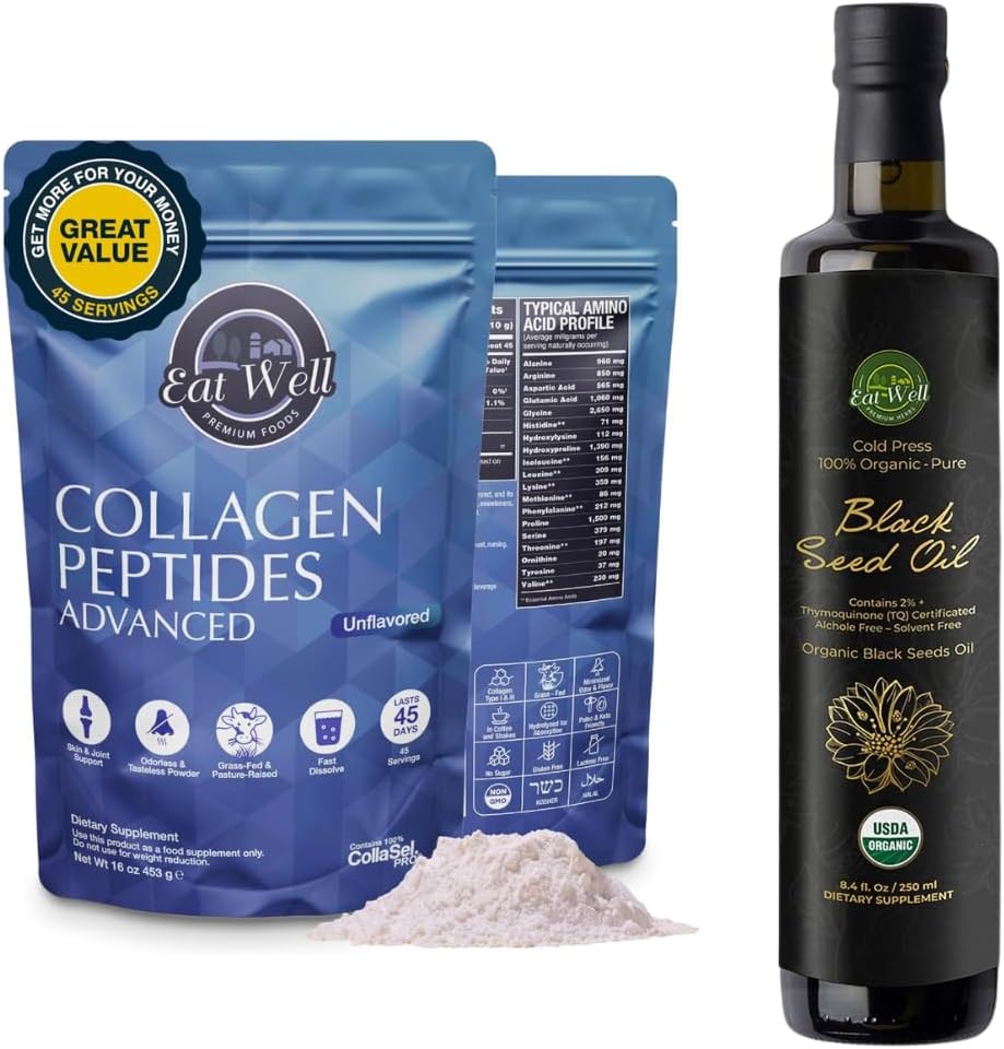 EAT WELL JPEG fødevarer Kollagen Peptider Pulver Protein 45 Servering, 16oz & USDA Organic Black Seed Oil 8.4 FL oz Flaske