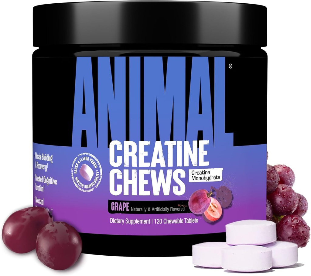 Animal Creatin Chews Tablets - Forbedret Creatin Monohydrat med AstraGin for at forbedre Absorption, Sea Salt til Tilsatte Pumper, Lækre og Praktisk Chewable Tablets - Grape