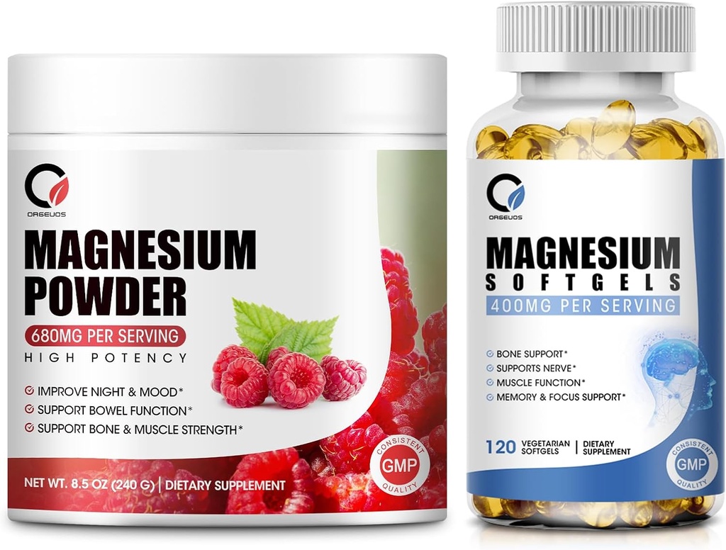Magnesium Glycinate 400mg Softgel & 680mg Magnesium Glycinate Complex Powder for Calm, Night & Muscle Support - Vegan, Non GMO
