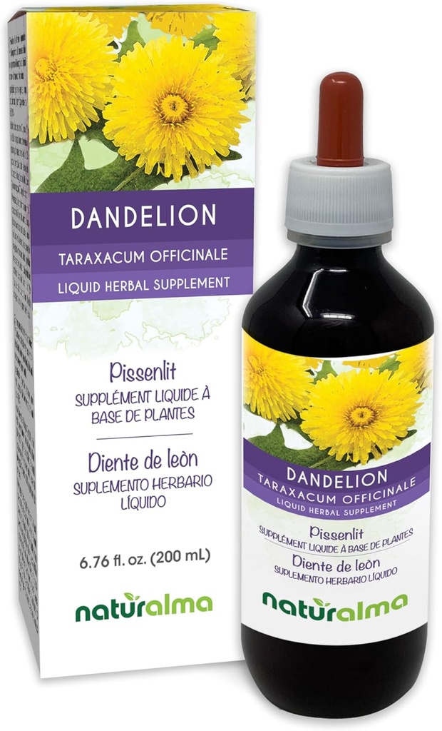 Naturalma Mælkebøtte (Taraxacum officinale) Rod og urt Alkoholfri tinktur - 6,76 fl oz Flydende ekstrakt i drops - Urtetilskud - Vegan
