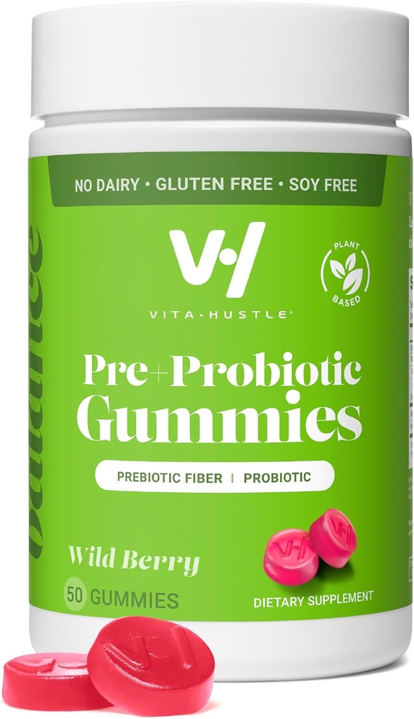 VitaHustle Pre + Probiotiske Gummies, Vegan, Gut Health, fordøjelse, Bloating, Relief, immunforsvar, Lavsukker, Plantebaseret, Non GMO, Berry Flavor, 50 Greve