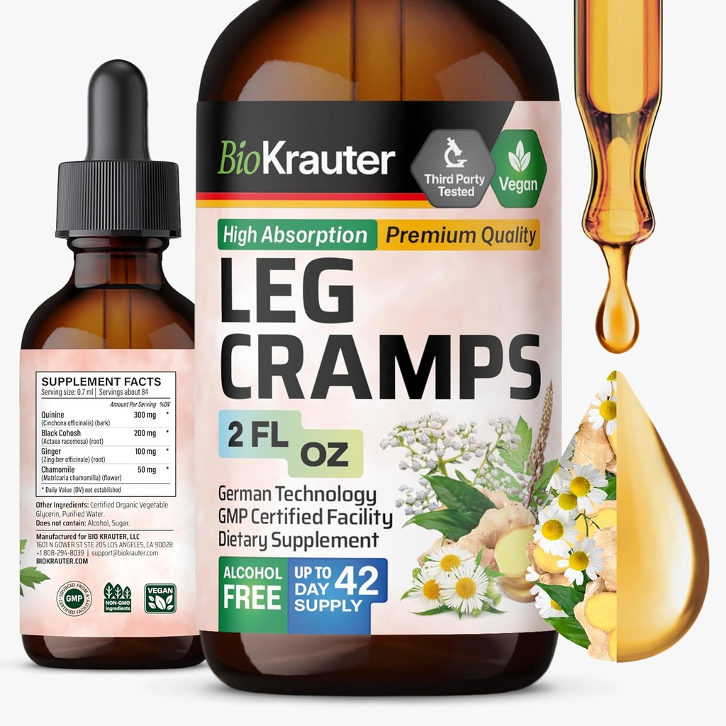 BIO KRAUTER Leg Cramps Tinktur med quinin - Ginger & Kamille Flydende Ekstrakter til Leg Cramps - Natural Alkohol & Sugar Free Formel - Vegan Drops 2 Fl.Oz.