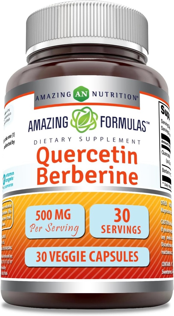 Amazing Formulas Quercetin Berberine Budding 124; 250 Mg Berberine og 250 Mg Quercetin Budding 124; Veggie Kapsler Supplements 124; Non- GMO Budding 124; Gluten Free Budding 124; Fremstillet i USA (30 Tæl)