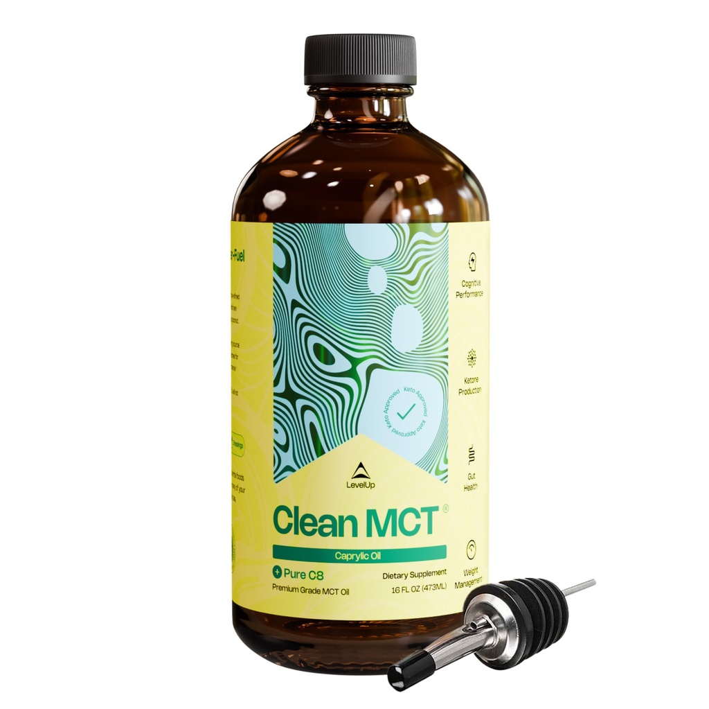 LevelUp Clean MCT Olie - 100% Captogen C8 for energi, fokus, vægthåndtering, Gut Health, Brain Superfuel - Keto Supplement for Ketogen kaffe og Ketoner - Ikke-GMO (16 oz glasflaske)