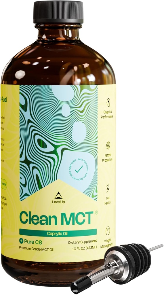 LevelUp Clean MCT Olie - 100% Captogen C8 for energi, fokus, vægthåndtering, Gut Health, Brain Superfuel - Keto Supplement for Ketogen kaffe og Ketoner - Ikke-GMO (16 oz glasflaske)