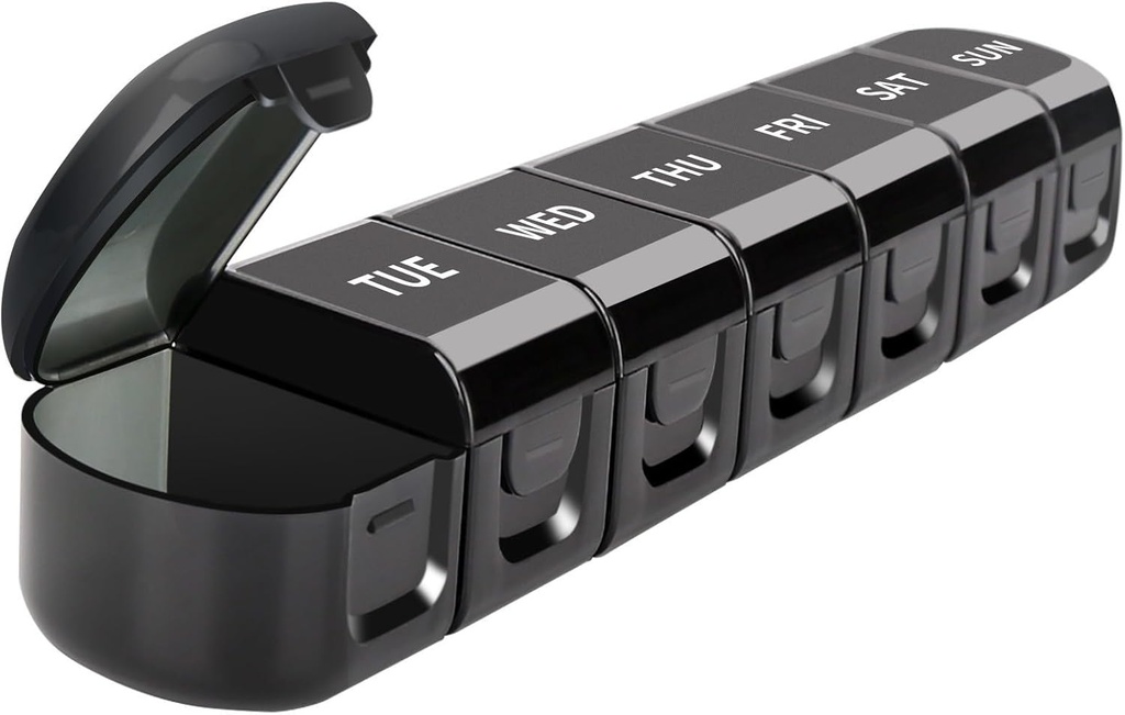 Daily Pill Organizer, 7 Compartments Detachable Medicine Box Container, Sort, Rejse Størrelse Vitamin Planner Reminder, Portable Meds Storage 7-Dag Holder til Medicin, Fiskeolier, Kosttilskud