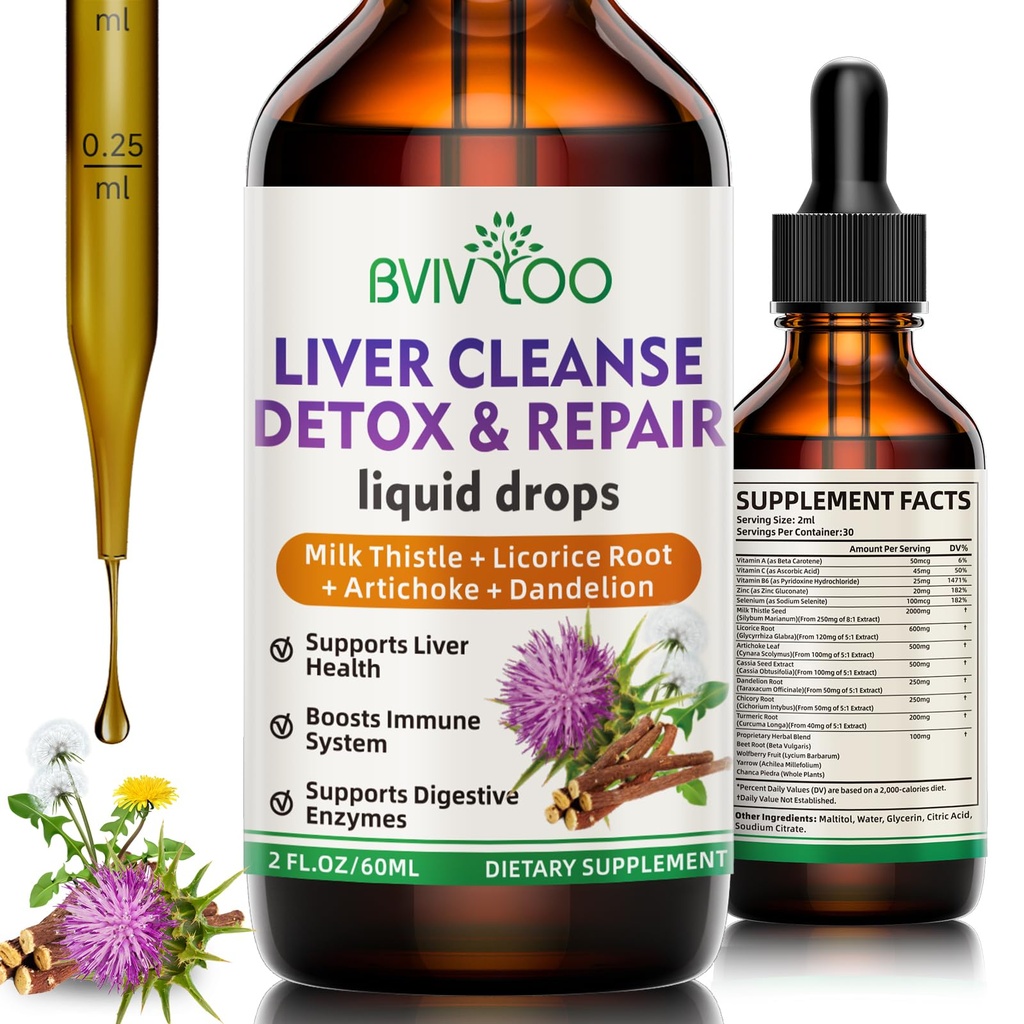 Lever rense Detox & reparation flydende dråber - 2000mg Milk Thistle, Mælkebøtte Root, Artiskok, Silymarin ekstrakt, & gurkemeje urter - Vegan, Non- GMO - 2 Fl Oz (60ml) Flaske