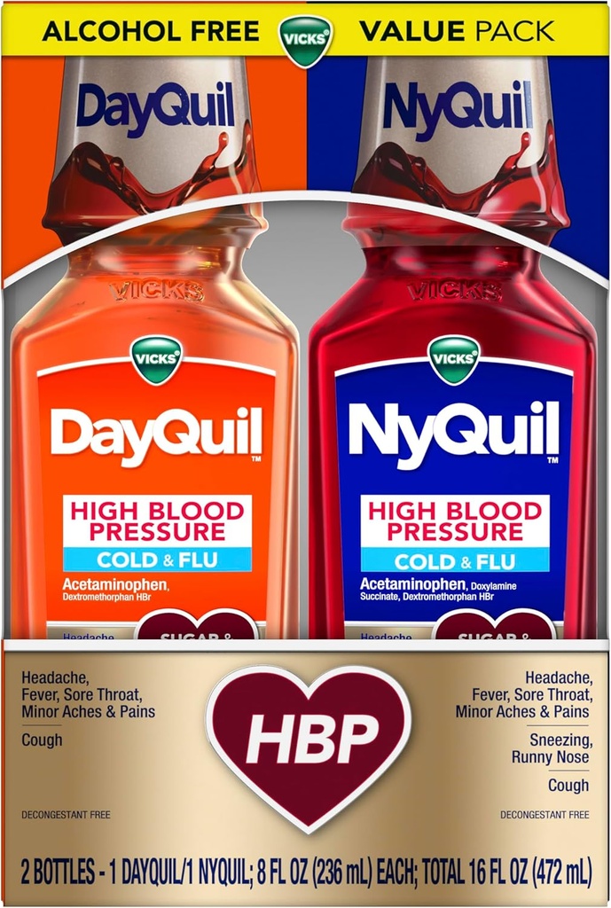 VICKS DayQuil & NyQuil High Blood Pressure Cold & Flu Relief Liquid Medicine Co- Pack, Kraftfuld Multi- Symptom Daytime & Nighttime Relief for Cold, Hough, og Flu Symptomer, Sukker & Alkohol Free, 2x8oz