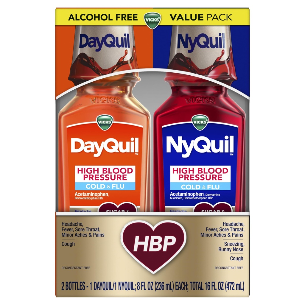 VICKS DayQuil & NyQuil High Blood Pressure Cold & Flu Relief Liquid Medicine Co- Pack, Kraftfuld Multi- Symptom Daytime & Nighttime Relief for Cold, Hough, og Flu Symptomer, Sukker & Alkohol Free, 2x8oz