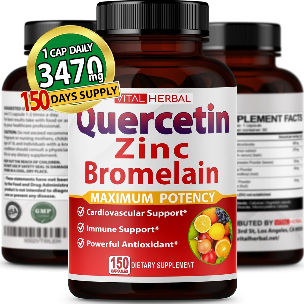 Premium High Renhed Quercetin 98% med Bromelain kapsler for maksimal potens med grøn te Ashwagandha - Understøtter den samlede sundhedsstyrke energi - 150 dages forsyning
