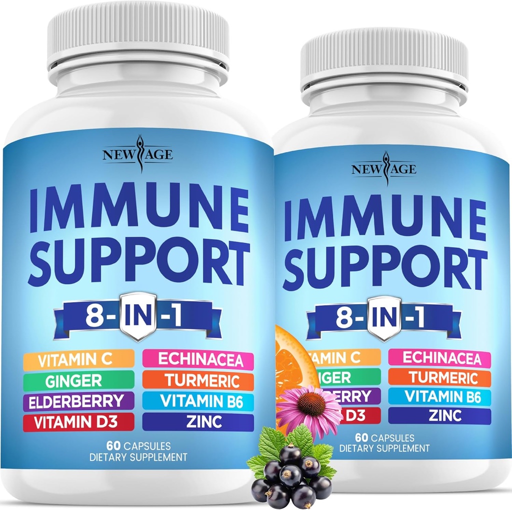 NEW AGE 8 i 1 immunforsvar Booster tillæg med Echinacea, C-vitamin og zink 50mg, D-vitamin 5000 IE, gurkemeje & Ingefær, B6, Elderberry 120 Count (pakke med 2)