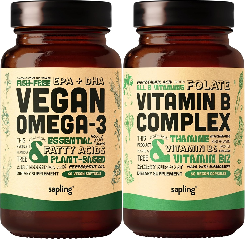 Vegan Omega 3 & Vegan Vitamin B Complex Bundle - Plantbaserede DHA & EPA fedtsyrer, Essential B Vitaminer med hel fødevareblanding, B1, B2, B3, B5, B6, B7, Folate
