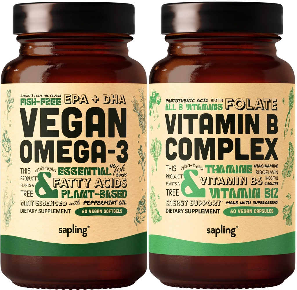 Vegan Omega 3 & Vegan Vitamin B Complex Bundle - Plantbaserede DHA & EPA fedtsyrer, Essential B Vitaminer med hel fødevareblanding, B1, B2, B3, B5, B6, B7, Folate