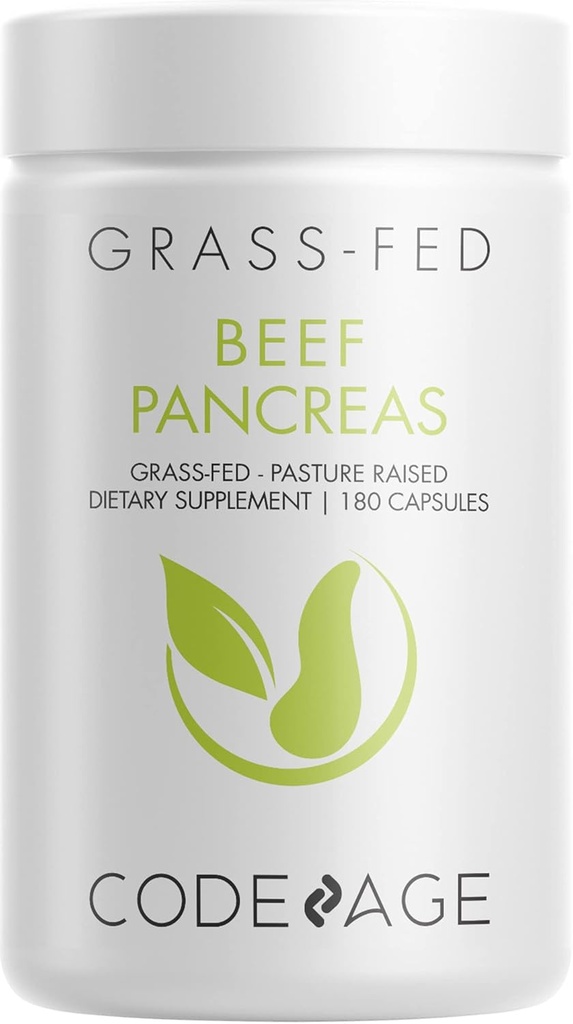Kodeage Græs Fed Beef Pancreas Supplement Glandulars - Fryse Tørrede, ikke-deaktiveret Decicated Beef Pancreas Pills - Pancreatic Enzymes Diet Kød - Pasture Raised Bovin Vitaminer - 180 Kapsler