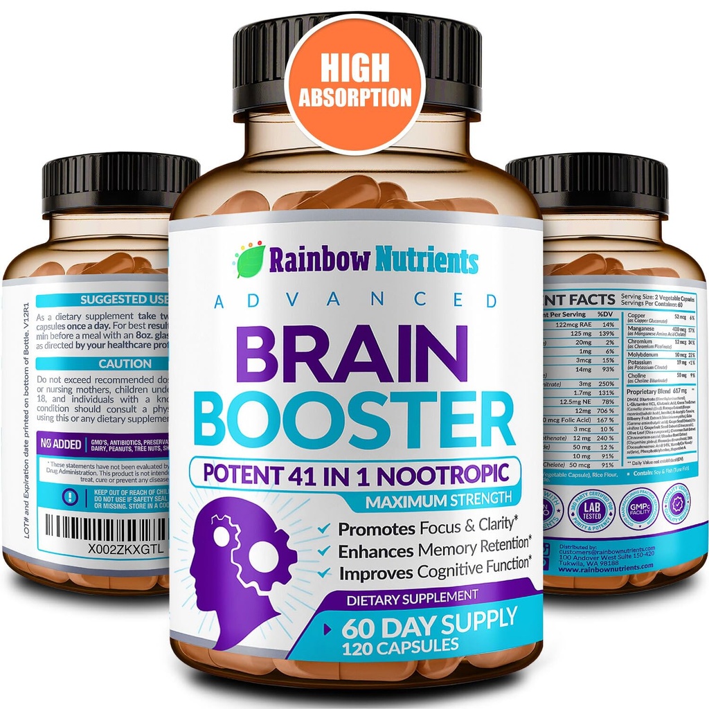 40- in-1 Brain Booster Kosttilskud til hukommelse, fokus, Klarhed, energi, ydeevne, 124; Natural Nootrop Brain Support Supplement med DMAE, Bacopa Monnieri & mere 124; for mænd og kvinder 124; 120 V kapsler