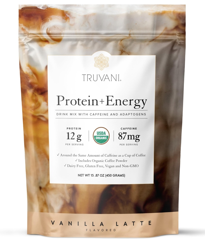 Truvani Protein + Energy Drink Mix med 87mg Kaffepulver 124; Vanilla Latte • 124; 12g Organic Plant Based Protein • 124; 20 Servering • 124; USDA Organic Coffee Powder & Adaptogens • 124; Gluten & Dairy Free • 124; Vegan • 124; Non- GMO