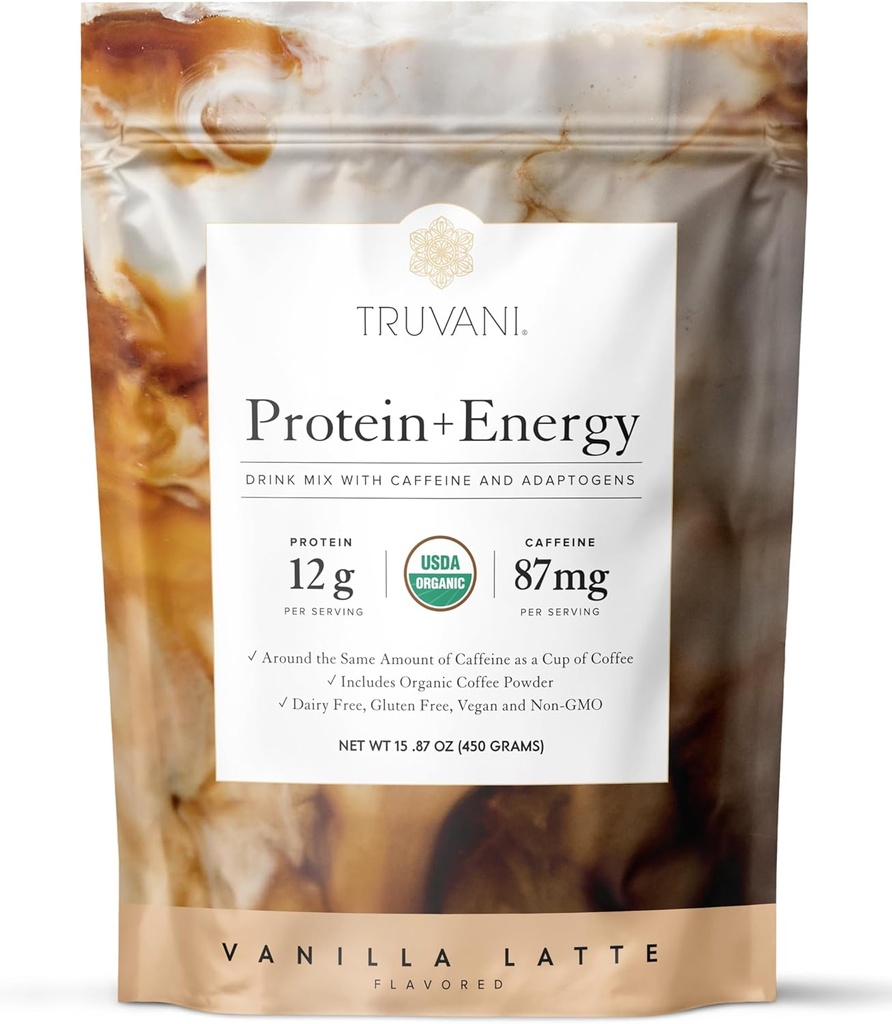 Truvani Protein + Energy Drink Mix med 87mg Kaffepulver 124; Vanilla Latte • 124; 12g Organic Plant Based Protein • 124; 20 Servering • 124; USDA Organic Coffee Powder & Adaptogens • 124; Gluten & Dairy Free • 124; Vegan • 124; Non- GMO