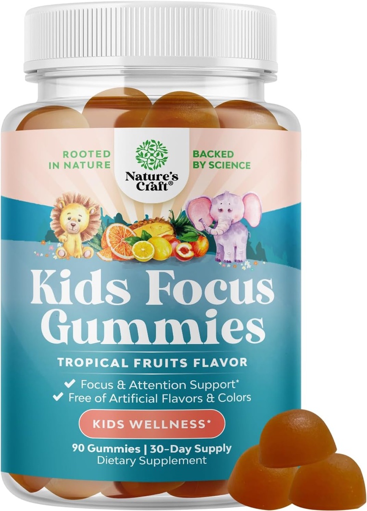 Kids Focus Gummies - Nootropics Brain Support for Kids with Green Tea Extract, B6 & B12 Vitaminer til hukommelse og brain Focus - Urtekoncentrering Chews for børn - 90 Greve